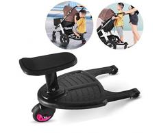 WANGSAURA Kiddyboard, Buggyboard, Trittbrett mit Sitz Mitfahrbrett, Rollbrett mit Sitz für Kinderwagen, Buggy, Jogger bis 25 kg (Schwarz & Rot, 35x26cm)