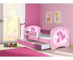Clamaro Fantasia Pink Motiv Kinderbett Komplett Set 140 x 70 cm inkl. Matratze, Lattenrost und Bettkasten Unterbett Schublade auf Rollen, Kantenschutzleisten umlaufend, extra Rausfallschutz Seitenteil (verstellbar), Seitenteile: