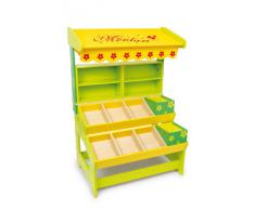 Small Foot by Legler Verkaufsstand „Max“ aus bunt lackiertem Holz, in einem sommerlich frischen Design mit süßen Blüten-Motiven, mit vielen Fächern und Regalen für diverse Kaufladen-Artikel