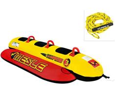 MESLE Skibob Package Torpedo 3, Set incl. Zugleine, 3 Personen Fun-Tube, Towable-Tube, rot gelb, incl. Reparaturset, aufblasbar, Bananen-Boot, Kinder & Erwachsene, 840 D Nylon, Speed-Wassergleiter