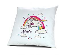 Kopfkissen mit Namen Nicole - Motiv Verrücktes Einhorn, 40 cm, 100% Baumwolle, Kuschelkissen, Liebeskissen, Namenskissen, Geschenkidee