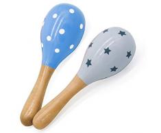 PREMYO Rassel Baby Musik Spielzeug - Holzspielzeug Maracas Babyspielzeug - Punkte Sterne Blau Grau