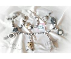 Kinderwagenkette für Jungen mit Wunschnamen - Geschenk zur Taufe, Geburt (Super Set: Vichy Grau, Weiß, Silber)