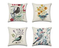 JOTOM Kissenbezug 45 x 45cm, Baumwolle und Leinen Atmungsaktiv Kissenhülle Dekokissen Wurfkissen Sofakissen Bezug 4er Set (Vögel und Blumen)