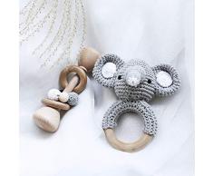 Promise Babe Classic Bundle Holzrassel + Crochet Elephant Pattern Kinderkrankheiten Rassel Ring Set Neugeborenes Geschenk - Grau