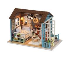 MMLsure® Puppenhaus Haus DIY House mit LED Licht,Weihnachtsgeschenk,Puppenhaus Bausatz Holz Modell Set Möbliert Zimmer für Mädchen zum Spielen Miniatur Kreativ Geburtstag Weihnachts Geschenk (A)