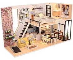 Mopoq 3D-Puzzles aus Holz Miniatur-Puppenhaus DIY Montagekit Cottage Glück Villa Zubehör Puppenhäuser mit Möbeln und LED-Licht & Spieluhr-besten Geburtstag Weihnachtsgeschenk for Frauen und Mädchen