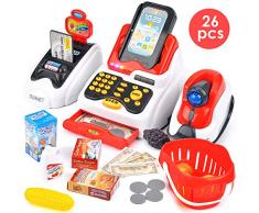 Buyger 26 Stück Elektronische Kasse Spielzeug Supermarkt Registrierkasse mit Scanner Spielkasse Rollenspiel für Kinder