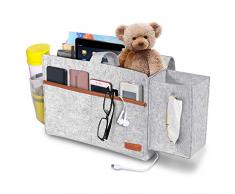 SIMBOOM Bett Tasche, Filz Bett Organizer Hängeaufbewahrung mit Tücherbox und Flaschenhalter Anti-Rutsch Sofa Bettablage Zeitungsständer für Baby Schlafzimmer Schlafsaal - Hellgrau