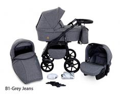 Boston 3 in 1 Kombi Kinderwagen Liegewanne Buggy Autositz Carlo (B1-Grey jeans)