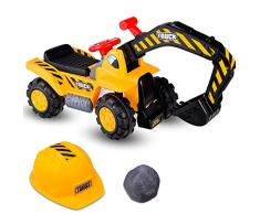 COSTWAY Sitzbagger mit eingebautem Ablagefach, Kinderbagger mit Horn, Bagger Spielzeug, Sandbagger, Rutscher Bagger, Schaufelbagger, Aufsitzbagger für Kinder ab 3 Jahren, inkl. Stein und Helm