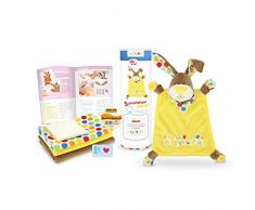 kullaloo-Nähset/Stoffpaket zum Selber Nähen: Schnuffeltuch Hase Kulio Braun in Schicker Dose (DE/EN) Materialset, Minky, Gelb, 10,5 x 10,5 x 31 cm