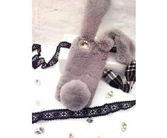 Artfeel Plüsch Kaninchen Hülle für iPhone 6 Plus,iPhone 6S Plus Hülle, Niedlich Pelzig Hase Ohren Haarballen Winter Weich Warm Flauschige Handyhülle Faux Pelz Glitzer Diamant Stoßfest Hülle-Grau
