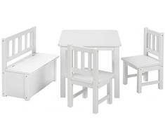 BOMI Kindertisch mit 2 Stühle mit integrierter Spielzeugkiste | Kindertruhenbank aus Kiefer Massiv Holz | Kindersitzgruppe für Kleinkinder, Mädchen und Jungen Weiß