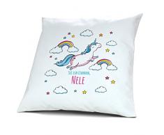 Kopfkissen mit Namen Nele - Motiv Sei ein Einhorn, 40 cm, 100% Baumwolle, Kuschelkissen, Liebeskissen, Namenskissen, Geschenkidee