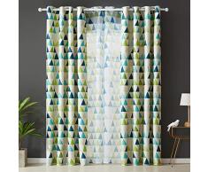 Topfinel Verdunkelungsvorhänge mit Ösen Geometrisches Dreieck für Fenster Wohnzimmer Schlafzimmer Kinderzimmer Kurze Gardinen mit Cream Hintergrundfarbe 2er Set je 160x140cm (HxB) Grün