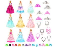 Miunana Lot 27 Handmade Modisch Hochzeit Party Abendkleider = 10 Kleider + 5 Schuhe + 6 Ketten + 6 Kronen für Puppen