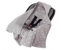 Einschlagdecke 100% Baumwolle 85x85cm doppelseitig multifunktional Minky Kuscheldecke für Kinderwagen weich flauschig (weiße Sterne mit grauem Minky)
