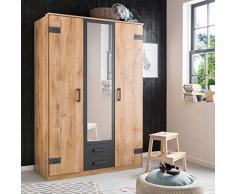 lifestyle4living Kleiderschrank mit Spiegel, Planken Eiche Dekor, Graphit-Grau, 135 cm | Drehtürenschrank 3 türig mit 2 Schubladen im Industrial Stil