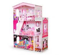 Sapphire Kids Puppenvilla Holz MDF 3 Etage Puppenstube Dollyhouse Puppenmöbel Spielset mit Zubehör Möbel Set Puppenhaus Puppe Spielzeug Bunt Rollenspiel SK-01