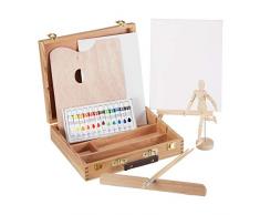 Relaxdays Malkoffer, 22-tlg. Malset Holz, mit Gliederpuppe, Malpalette, Pinsel, Staffelei, Leinwand & Acrylfarben, natur