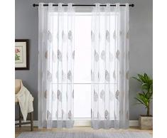 Souarts Vorhänge Gardine Gardinen 2er Set mit Ösen für Schlafzimmer Wohnzimmer Stickerei Transparent Blumen Dekoschal Fensterschal Voile (140cmx225cm, Kaffee)