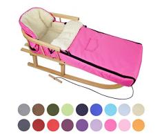 BAMBINIWELT Kombi-Angebot Holz-Schlitten mit Rückenlehne & Zugseil + universaler Winterfußsack (108cm), auch geeignet für Babyschale, Kinderwagen, Buggy, aus Wolle Uni (pink)