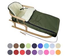 BambiniWelt24 BAMBINIWELT Kombi-Angebot Holz-Schlitten mit Rückenlehne & Zugseil + universaler Winterfußsack (90cm), auch geeignet für Babyschale, Kinderwagen, Buggy, aus Wolle Uni (Olive)