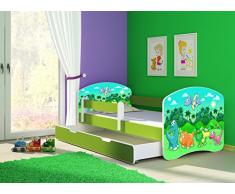 Clamaro Fantasia Grün 160 x 80 Kinderbett Set inkl. Matratze, Lattenrost und mit Bettkasten Schublade, mit verstellbarem Rausfallschutz und Kantenschutzleisten, Design: 30 Dinosaurier