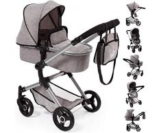 Bayer Design 18410AA Kombi Puppenwagen Vario mit Wickeltasche und Einkaufskorb, umwandelbar in einen Sportwagen, höhenverstellbar, modern, Grau