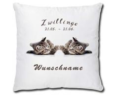 TRIOSK Kissen Katzenmotiv mit Namen personalisiert Sternzeichen Zwillinge Dekokissen Katze lustig Geschenk für Katzenliebhaber Frauen Mädchen Kinder 40x40 Weiß Grau