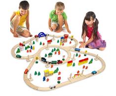 EYEPOWER 130-teilige Holzeisenbahn Set Spielzeug-Eisenbahn 5m Holzbahn Kinder-Bahn Zug Spiel-Set Holz