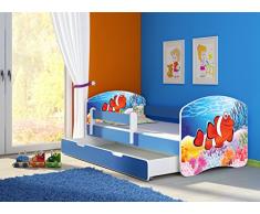 Clamaro Fantasia blau Motiv Kinderbett Komplett Set 180 x 80 cm inkl. Matratze, Lattenrost und Bettkasten Unterbett Schublade auf Rollen, Kantenschutzleisten umlaufend, extra Rausfallschutz Seitenteil (verstellbar), Seitenteile: