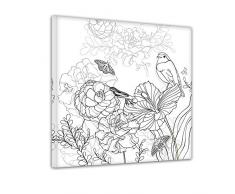 Bilderdepot24 Blumen Vogel Schmetterlinge - Ausmalbild auf Leinwand, aufgespannt auf Rahmen - Quadrat-Format - 30x30 cm