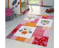 T&T Design Kinderzimmer Teppich Kariert Bunte Eulen Kurzflor Pink Grün Creme Blau Rot, Größe:80x150 cm