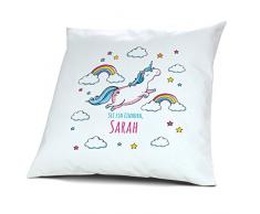 Kopfkissen mit Namen Sarah - Motiv Sei ein Einhorn, 40 cm, 100% Baumwolle, Kuschelkissen, Liebeskissen, Namenskissen, Geschenkidee