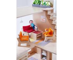 HABA 303840 - Little Friends – Puppenhaus-Möbel Wohnzimmer | Mit Sofa, Tischchen und 2 Sesseln | Passend für alle Little Friends-Puppenhäuser