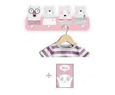 Kindsblick ® Bären Kindergarderobe in Rosa inkl. DIN A4 Poster - Garderobe mit 4 Kleiderhaken für Kinder - Wunderschöne Deko für jedes Kinderzimmer - Maße (38 x 15 x 1 cm)