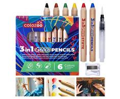 Dicke Buntstifte, Wasserfarbe und Wachsmalkreide - Colozoo Gecko 3 in 1 Stifte | 6 Wachsmalstifte wasservermalbar inkl. extra Wasser-Pinsel und Spitzer | Malstifte für jede Oberfläche