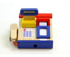 Spielkasse aus Holz mit integriertem Taschenrechner mit Sound, Bonrolle, Scanner, Geldstücke + Kreditkarte / Farbe: blau/rot / 3+