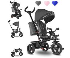 Lionelo Haari 2in1 Dreirad mit Schubstange ab 18 Monate bis 25kg Vorwärts und Rückwärtsfahrt schlauchlose Gummireifen Freilauf geräumiger Korb Tasche Getränkehalter (Grau)