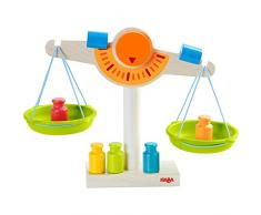HABA 302639 - Kaufladen-Waage | Waage für Kaufmannsladen aus Holz mit zwei Waagschalen aus Kunststoff, 5 Messgewichten und 2 Ausgleichsgewichten | Spielzeug ab 3 Jahren