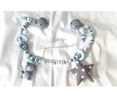 Kinderwagenkette für Jungen mit Wunschnamen - Geschenk zur Taufe, Geburt (Hellblau, Grau, Äffchen)