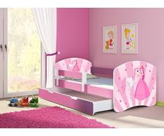 Clamaro Fantasia Pink 160 x 80 Kinderbett Set inkl. Matratze, Lattenrost und mit Bettkasten Schublade, mit verstellbarem Rausfallschutz und Kantenschutzleisten, Design: 08 Prinzessin Einhorn
