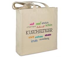 Stofftasche mit Namen Kuscheltiger - Motiv Positive Eigenschaften - Farbe beige - Stoffbeutel, Jutebeutel, Einkaufstasche, Beutel
