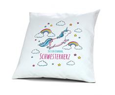 Kopfkissen mit Namen Schwesterherz - Motiv Sei ein Einhorn, 40 cm, 100% Baumwolle, Kuschelkissen, Liebeskissen, Namenskissen, Geschenkidee