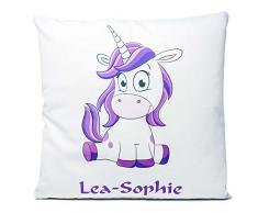 Kissen mit Namen Geburt Einhorn lila 40x40 cm inkl. Füllung Kuschelkissen, Kissen Farbe:Vorderseite weiß flauschig/RS weiß flauschig