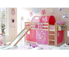 lifestyle4living Hochbett für Kinder in pink-braun mit Rutsche, Vorhang im Prinzessin Motiv | Spielbett aus Kiefer Massivholz mit Einer Liegefläche 90x200 cm