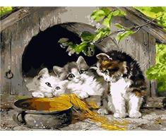 HGDSG Digitales Malbild DREI Katzen, die farbig auf Leinwand auf digitalem Kit gemalt wurden. Wanddekorationsgeschenk für Erwachsene Kinder (Rahmenlos) 40 x 50 cmPainting Landscape