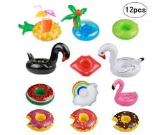 KAKOO Aufblasbare Getränkehalter, 12 süße Schwimmender Bierhalter Becherhalter Getränke Dosenhalter Pool Party Deko Zubehöre Kinder Bade Spielzeug - Flamingo Palm Island Design